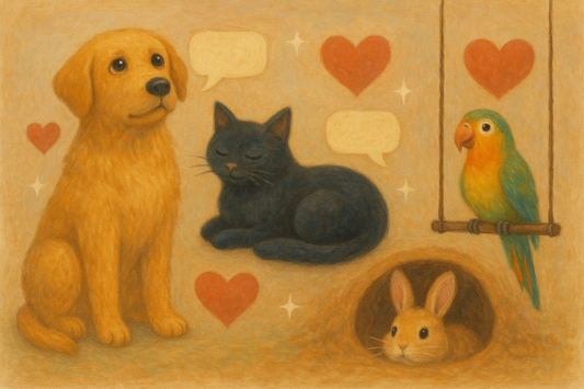 Ongetemd vragenspel - illustratie van hond kat konijn en papegaai met hartjes
