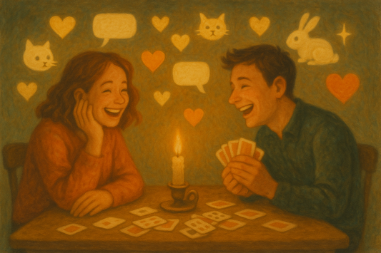Ongetemd vragenspel - twee mensen lachen samen bij kaarslicht met speelkaarten