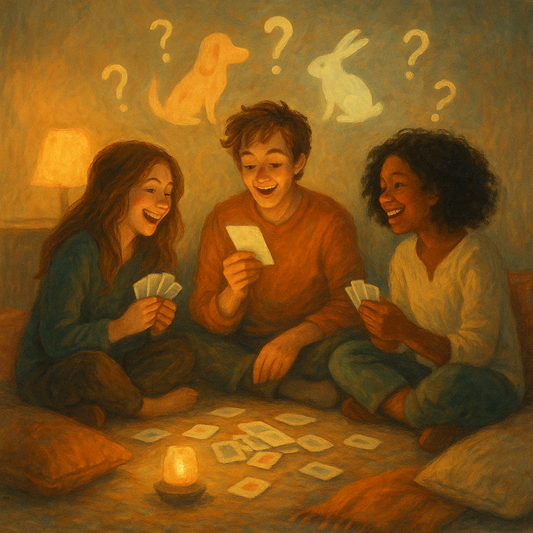 Ongetemd vragenspel spelen – drie vrienden lachen samen met vraagkaarten bij kaarslicht