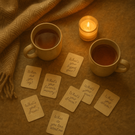 Ongetemd vragenspel kaarten met thee en kaarslicht - intieme spelavond setting