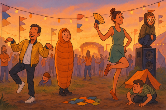 Festival met vrienden die het Ongetemd vragenspel spelen – kleurrijke illustratie met mensen in dierenkostuums en vrolijke sfeer