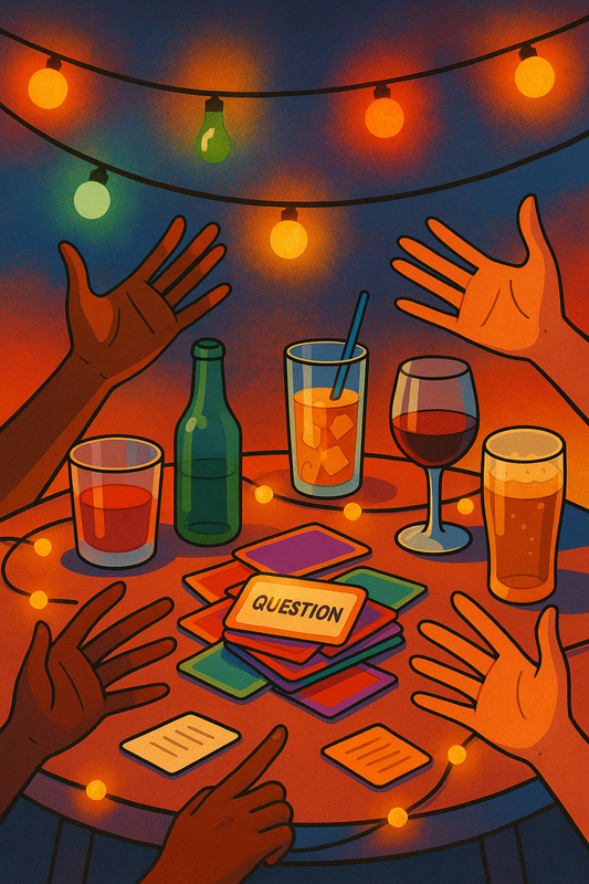 Ongetemd vragenspel op tafel met drankjes – gezellig spelmoment met vrienden onder lichtslingers