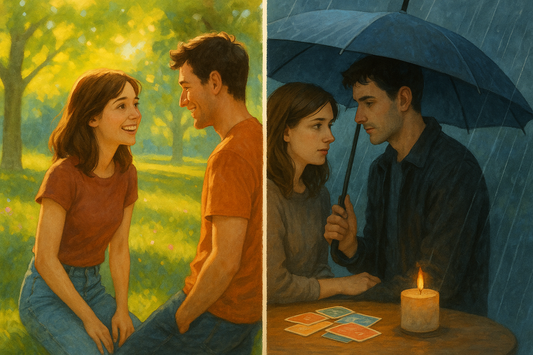 Stel speelt Ongetemd vragenspel in de zon en regen – romantische illustratie met kaarten, kaars en intieme sfeer