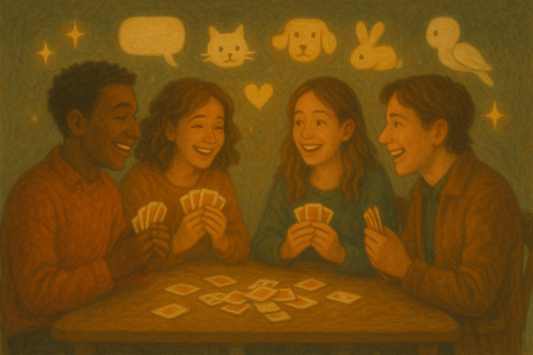 Ongetemd vragenkaartspel – vier vrienden lachen samen rond tafel met speelkaarten