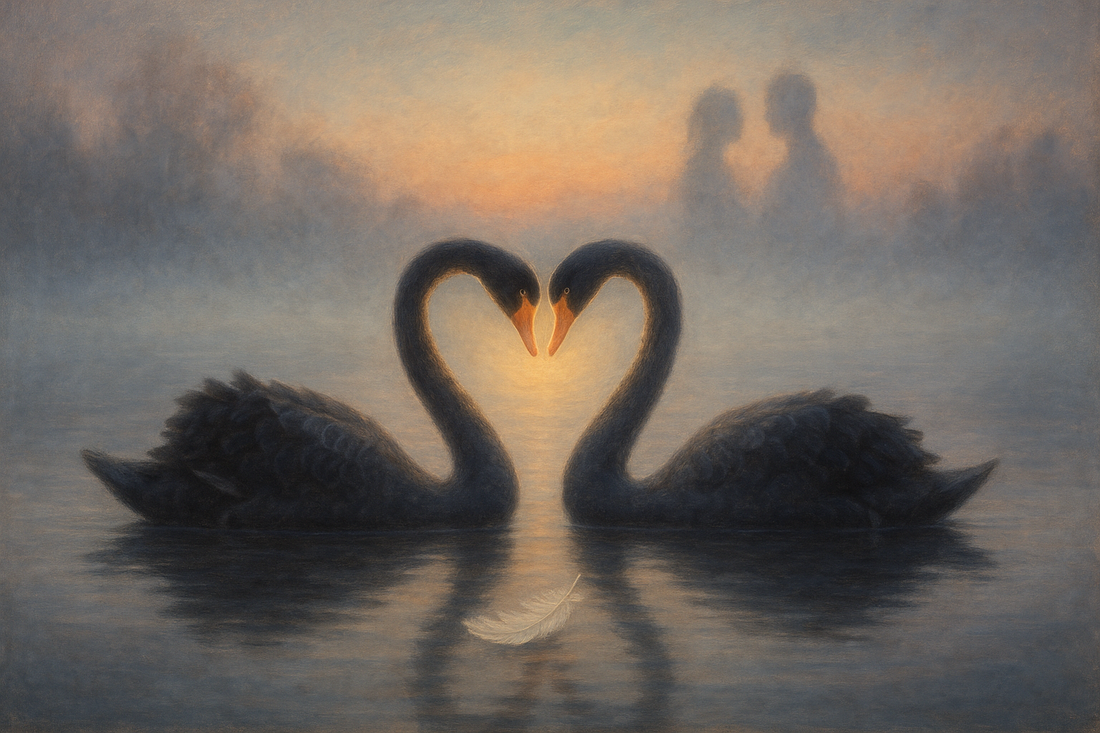 Ongetemd vragenspel – twee zwarte zwanen vormen hart in water bij zonsondergang