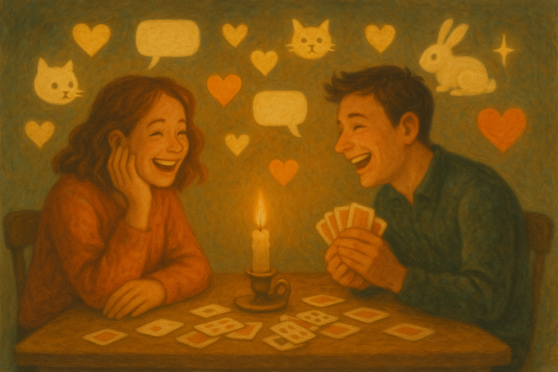 Ongetemd vragenspel - twee mensen lachen samen bij kaarslicht met speelkaarten
