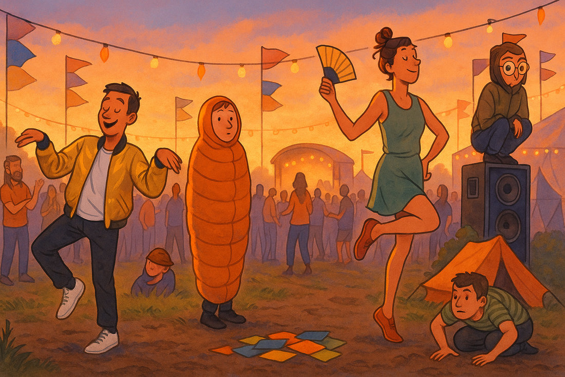 Festival met vrienden die het Ongetemd vragenspel spelen – kleurrijke illustratie met mensen in dierenkostuums en vrolijke sfeer