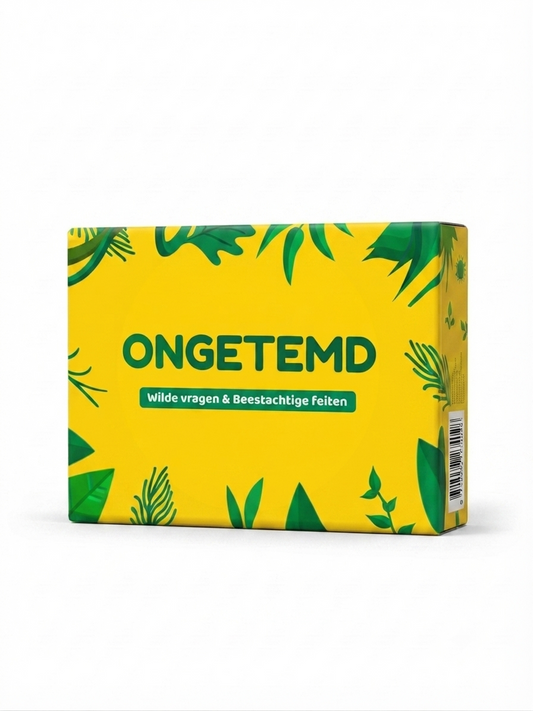Ongetemd 16+ kaartspel, gele doos met wilde vragen en dierenfeitjes